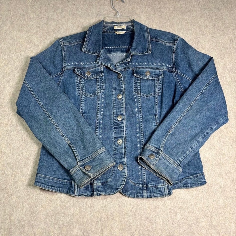Christopher & Banks Denim Jacket Womens XL Blue Cotton Stretch Boho Embroidered